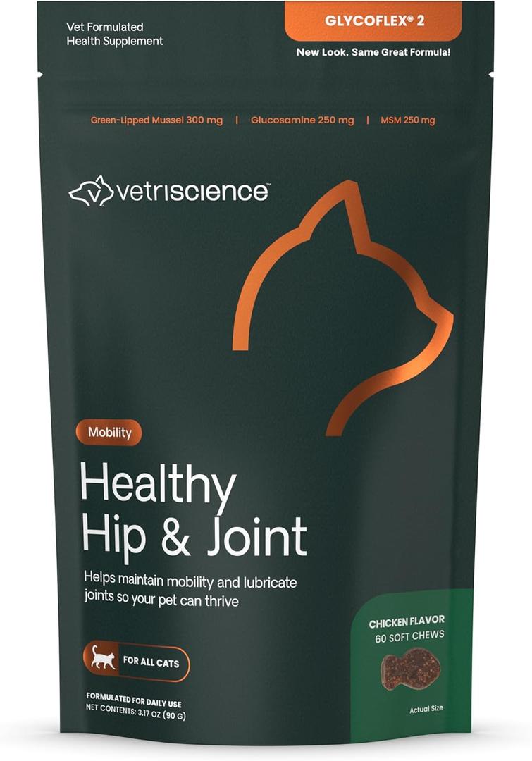 VetriScience - Cats - Healthy Hip & Joint Chews, GlycoFlex Glucosamine and Green-Lipped Mussel Joint Support Supplement for Cats, Promote Mobility and Protect Joints, Chicken, 60 Count