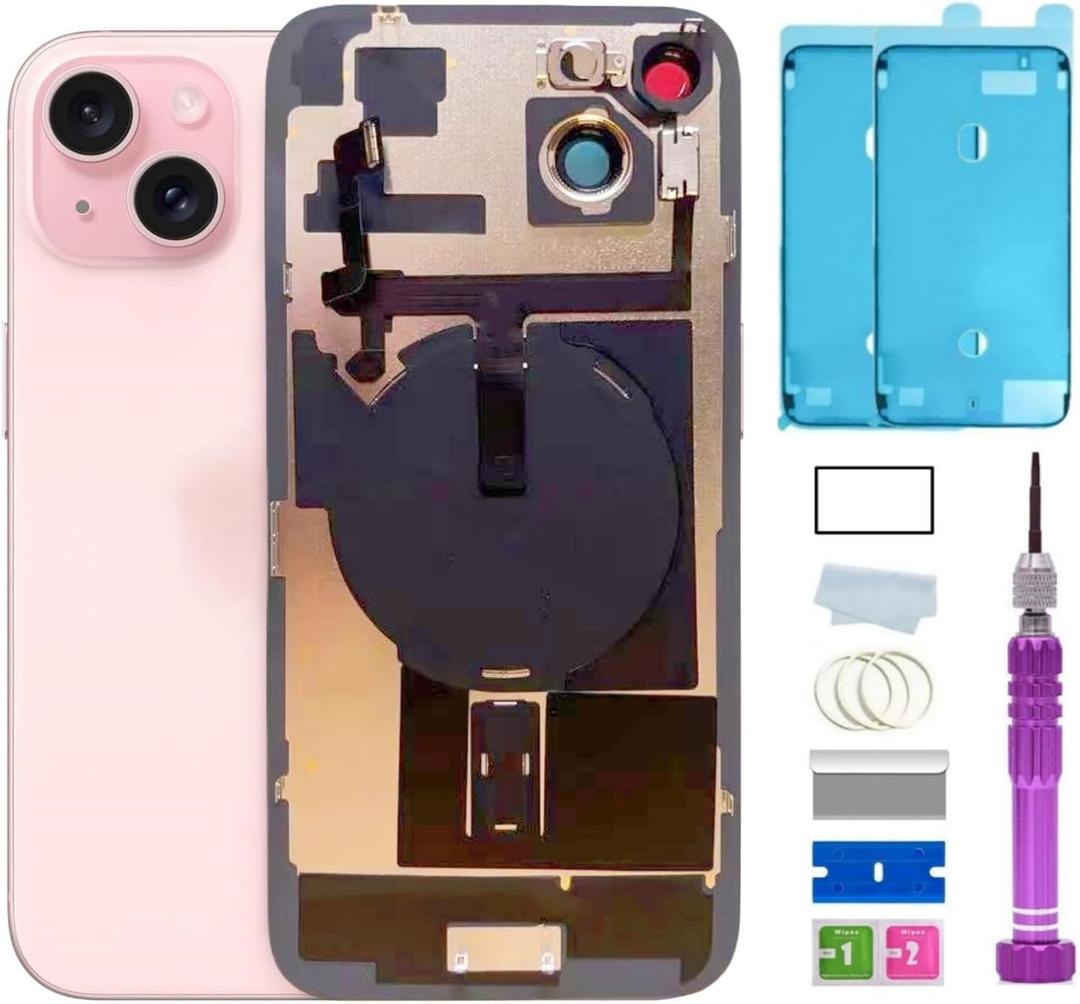 15 Plus Back Glass Replacement with Plate & Flex Cable and All Parts for iPhone 15plus Back Cover Glass (Pink, 6.7 Inch) + Waterproof Tape + Repair Tools (Pink)