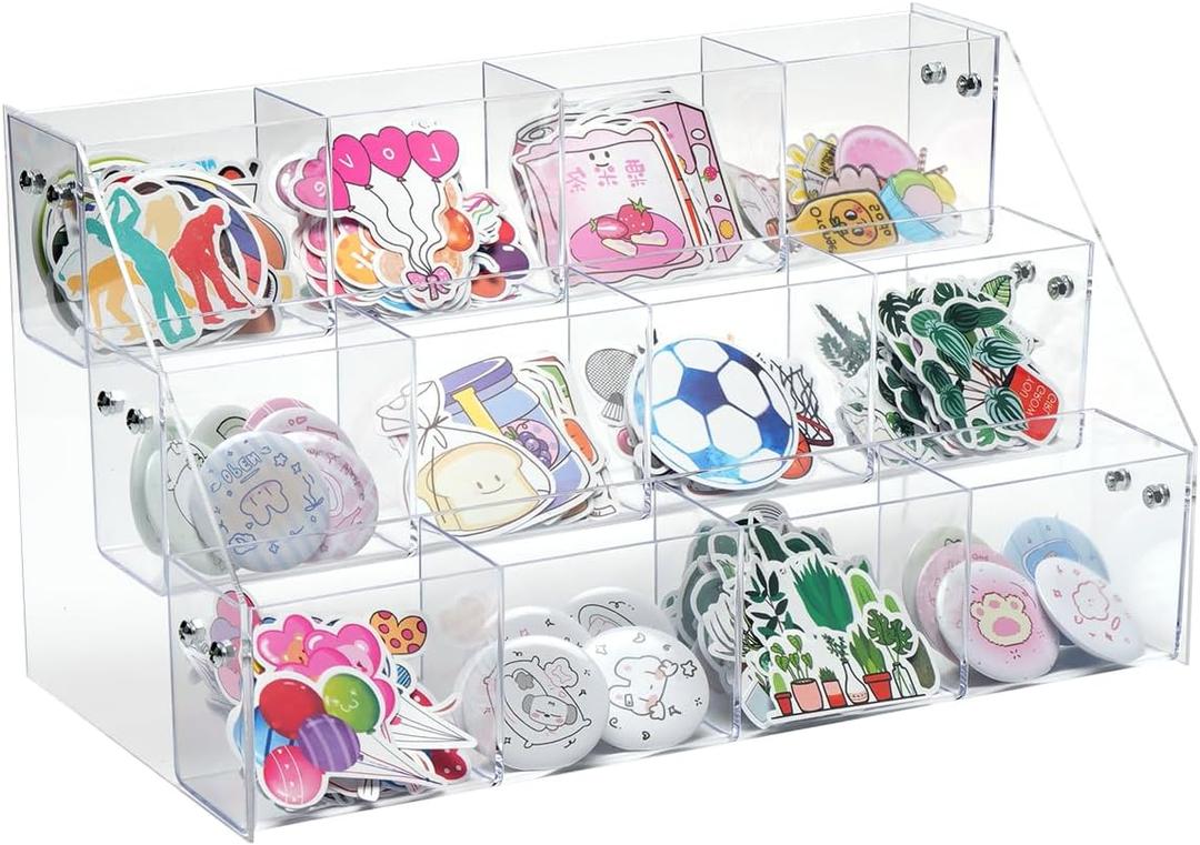 UCEC Clear Acrylic Sticker Display Stand, 3-Tier 12 Pockets Acrylic Card Display & Sticker Organizer, Essential Portable Organizer for On-the-Go Professionals, Tradeshows, Retail, and Supplier Events
