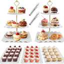 7 Pcs Dessert Table Display Set - 2 x 3 Tiered Cupcake Stand Holder ,2x Tongs,3 X Serving Tray Combo for Tea Party, Birthday, Baby Shower,Wedding-Wave Square