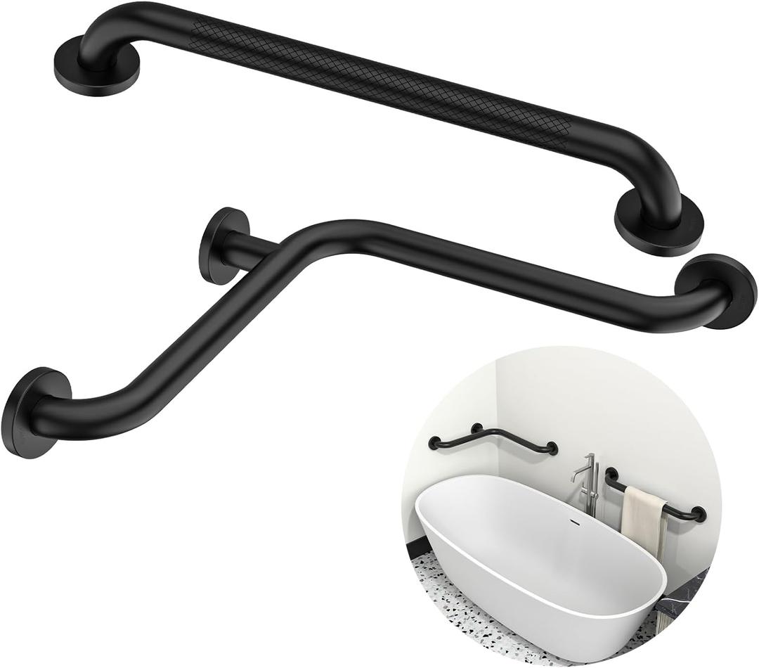 Black Inside Corner Grab Bar 16x16 Inch w/Knurled Grab Bar 20 Inch, Zepolu Stainless Steel Angled Bathroom Grab Bars, Wall Mounted L-Shaped Safety Shower Toilet Handrail for Seniors Disabled