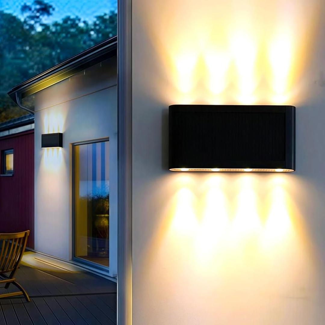 2 Pack Solar Wall Lights Outdoor 3000K Warm White, IP44 Waterproof, 8 LED Up Down Wall Sconce Lighting with Solar Panel for Exterior, Garden, Patio, Fence, Garage, Pathway