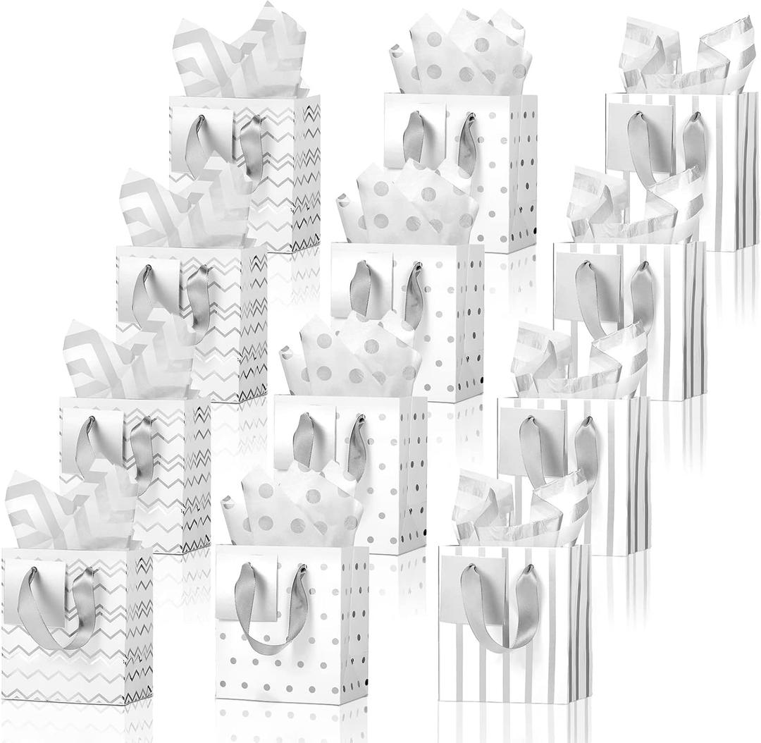 Tenare 12 Pcs Small Gift Bags Mini Metallic Paper Bag Bulk Tiny with Handle Tissue Paper for Gift Wrap Mother's Father's Day Birthday Graduation Party(4 x 2.75 x 4.5 Inch,White Silver)