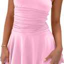 Women Sexy Tube Top Silk Dress Strapless Ruched Basque Waist Ruffle Layer Mini Dress Jumpsuit Party Dresses (Small, 0620-pink)