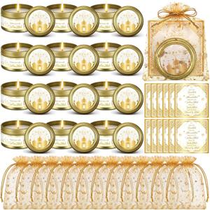 MTLEE 12 Sets Ramadan Gifts Eid Al Adha Islamic Muslim Candles with Organza Bag and Cards Eid Candles Allah Arabic Favors Ramadan Party Supplies Gifts for Muslim Islam Festival Holiday Decor(Gold)