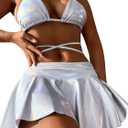 DaiLiWei 3 Piece Swimsuits for Women Festival Rave Outfits Metallic Glitter Bikini Sets Sexy Bathing Suit Beach Skirt 2025 (Large, White)
