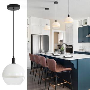 GlowHub Glass Pendant Light Milk White Glass Shade Modern Black Single 1 Light Ceiling Hanging Light Fixture Globe Pendant Lighting for Kitchen Island Dining Room Entryway Living Room, 8" Wide