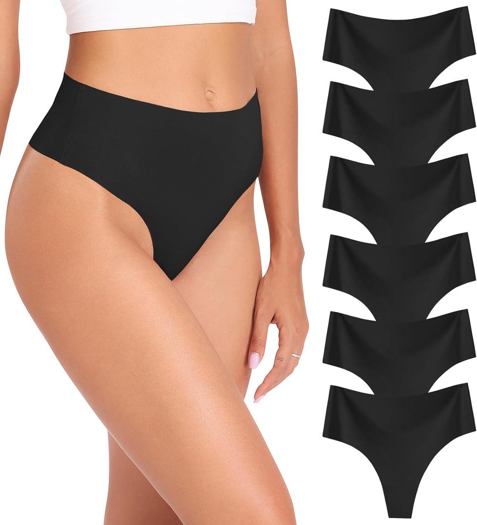 Wealurre Womens Underwear High Waisted Seamless Thongs for Women Breathable No Show Panties for Ladies 6 Pack (Black, M)