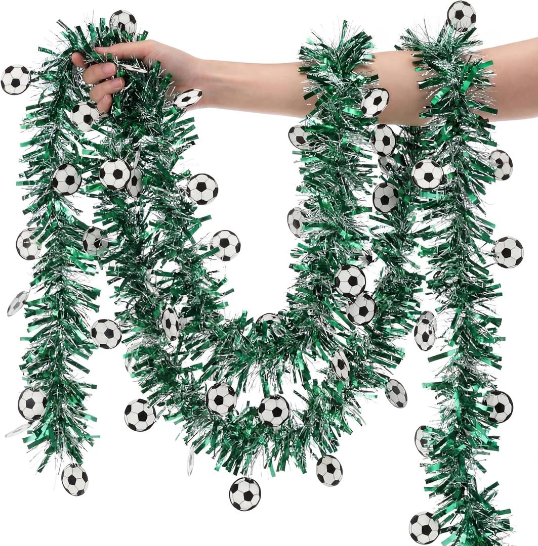 Tigeen 50 ft Soccer Party Decorations Soccer Tinsel Garland Decoration Soccers Metallic Tinsel Party Decorations Green Shiny Metallic Twist Football Garland for Sport Theme Birthday Parties Supplies