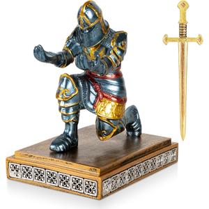 Akulgaci Medieval Knight Pen Holder with Sword, Kneeling King's Guard Warrior Pencil Stand Office Accessories Cool Fancy Desk Decor Gift for Men Father Husband Grandfather Boyfriend Boss Him