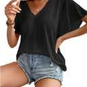 SweatyRocks Women's Summer Basic Short Sleeve Tops V Neck Blouse Casual Loose Going Out Top (Black)