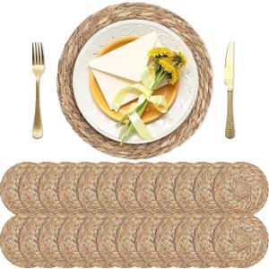 Set of 24 Round Woven Placemats 12 Inches Bulrush Placemats Natural Hand-Woven Boho Rattan Placemats Wicker Table Mats Farmhouse Weave Place Mats for Home Dining Table
