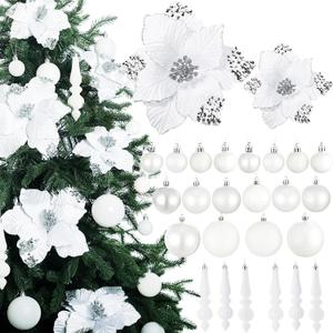 Janinka 36 Pack Christmas Poinsettia Flowers Decoration Set Include 12 Pcs Artificial Glitter Poinsettia, 24 Pcs Hanging Christmas Balls and Teardrop Ornaments for Xmas Holiday Decor (White)