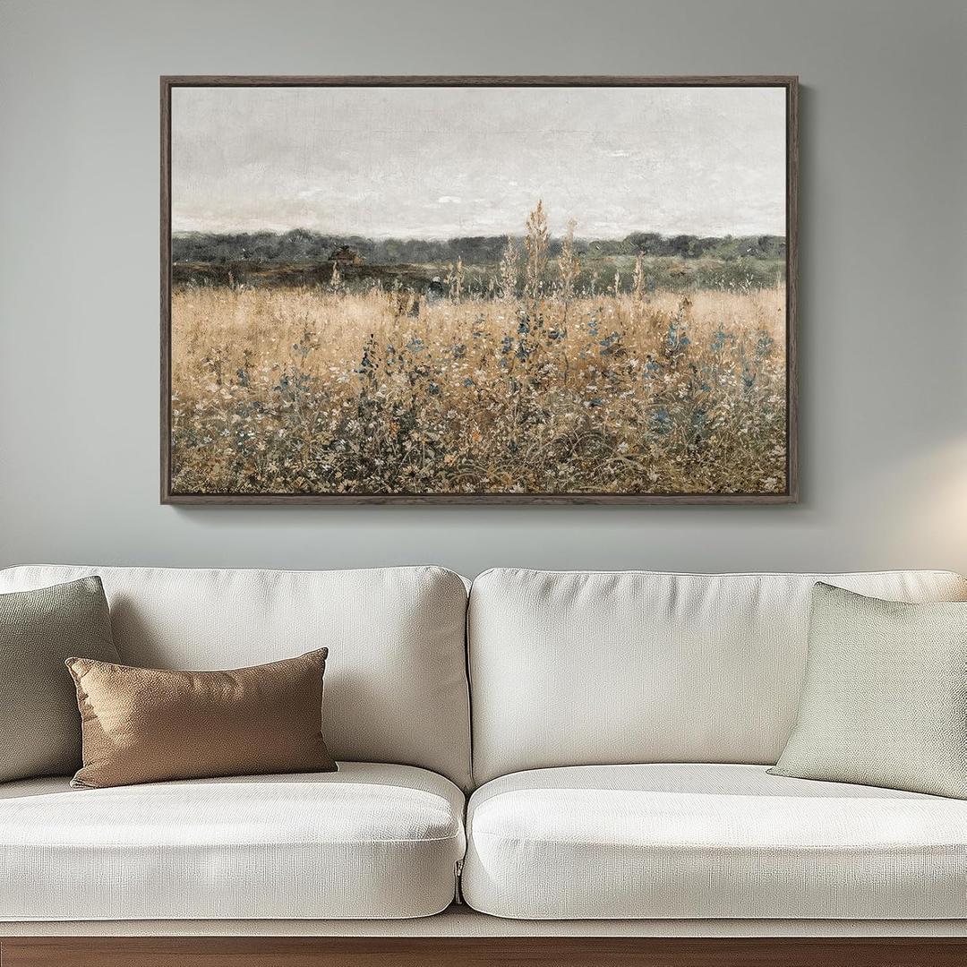 Framed Vintage Landscape Canvas Wall Art for Living Room Bedroom - Large Rustic Modern Farmhouse Meadow with Flowers Picture, Cottagecore Nature Art Decor for Dining Hallway Office, 24x36 Inch (Champ Fleuri)
