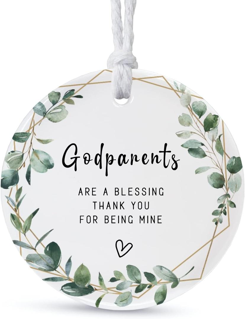 Ornaments Gifts for Godparents 2025,Thank You for Being Mine Gift for Parents in Law,Gifts from Godchild,Round Ceramic Ornament Keepsake,Double-Sided Printing with Ribbon and Gift Box(2.9") (Godpanents-dark Green)