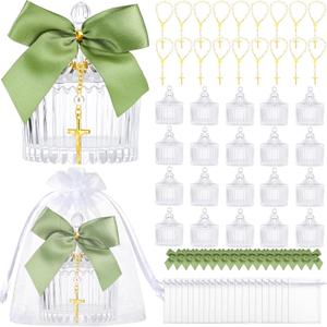 Vesici 20 Sets Baptism Favors for Guests 3.04 oz Crystal Candy Bowl Gifts with Cross Rosary for Baptism Decorations Bow and Organza Bags for Wedding Baby Shower Supplies First Communion Party(Green)
