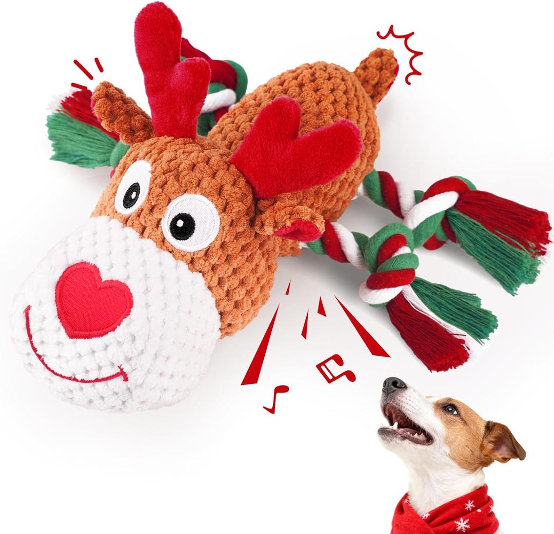 Plush Rope Reindeer Dog Toy  Durable Squeaky Tug Toy for Small, Medium & Large Dogs, Interactive Chew & Fetch Puppy Toy (Christmas Colors)