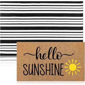 Moucuny 2 Pcs Summer Hello Sunshine Coir Door Mat 24'' x 35'' Black and White Striped Outdoor Rug 16'' x 28'' Yellow Sunshine Coir Doormat Non Slip Seasonal Welcome Doormat for Porch Front Decor