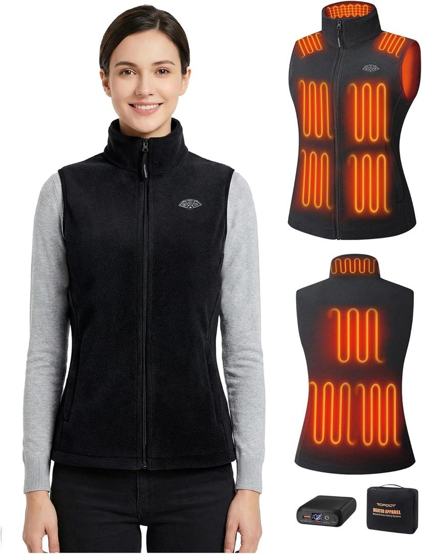 Topdot Fleece Women's Heated Vest with Battery Pack 16000mAh 7.4V, Heated Vest for Women with10-Heated Zones for Outdoor Work (Large, Black)