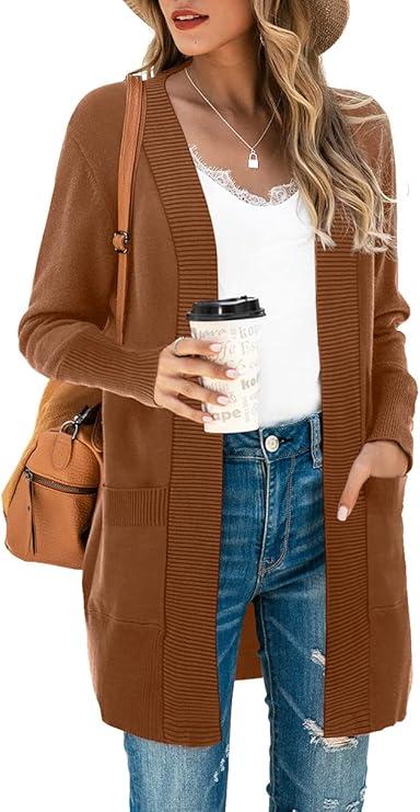 SUEANI Women's Open Front Casual Long Sleeve Knit Classic Sweaters Cardigan with Pockets(Large, Brown)