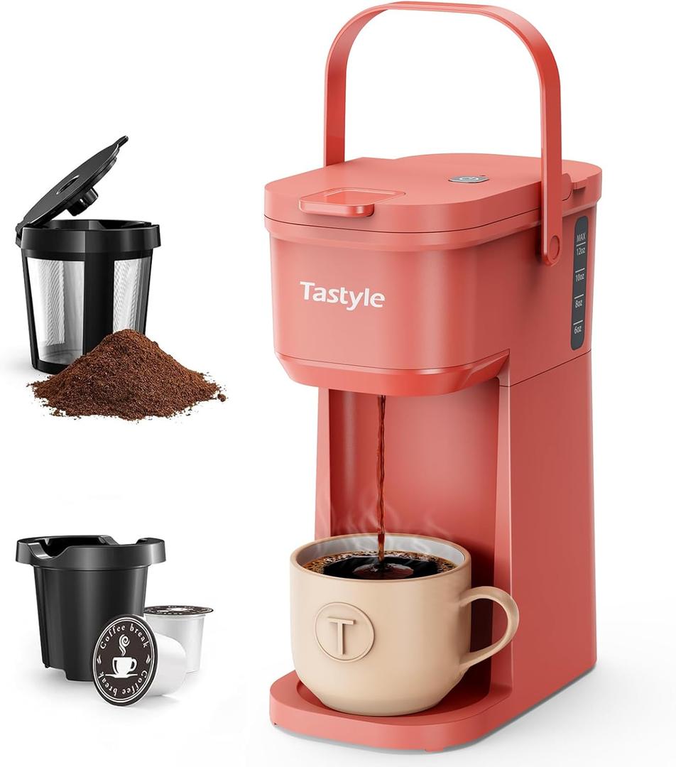Tastyle Single Serve One Cup Coffee Maker, for K Cups and Grounds, Mini Coffee Maker with Portable Handle, 6 to 12 Oz Brew Size, for Travel, Camping, Office, RV and Dorm, 120V, Salmon Pink