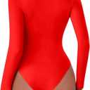 REORIA Womens Long Sleeve Bodysuits Fall Basic Round Neck Lightweight Double Lined Layering Slim Body Suit Tops (Red, L)