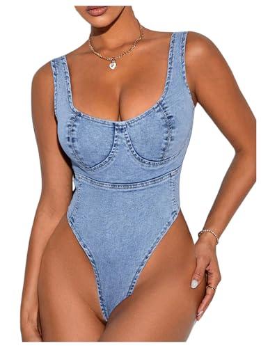 Milumia Women's Scoop Neck Denim Bodysuit Zipper Backless Y2K Going Out Tank Tops Blue, Size large