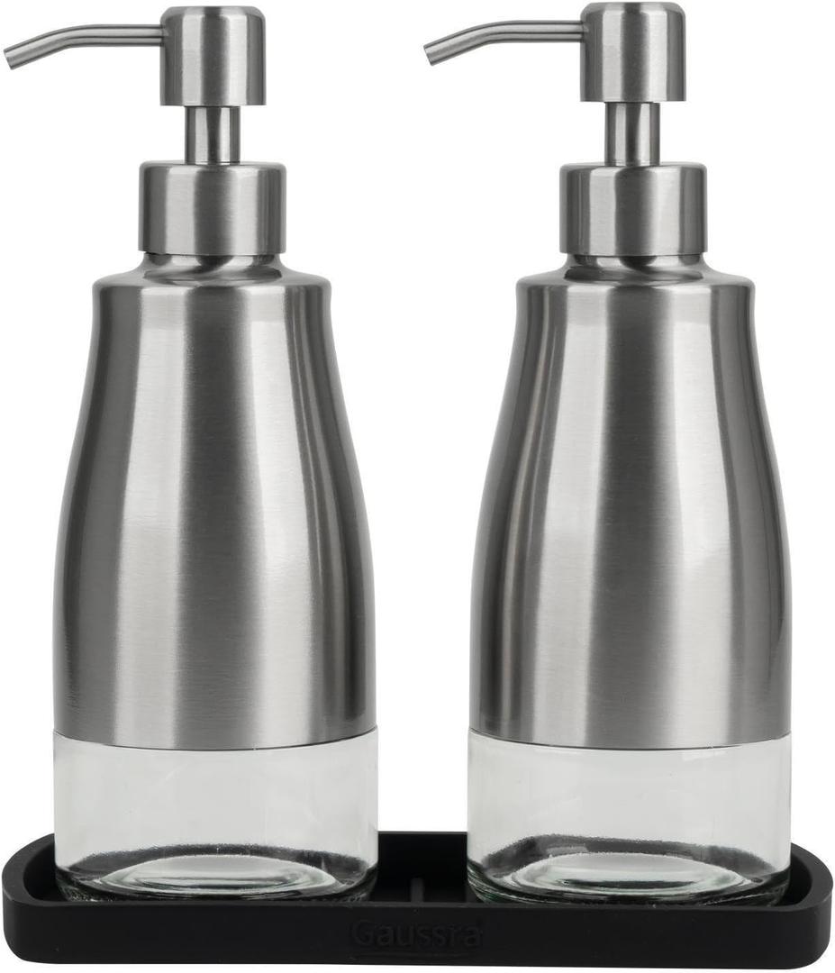 Gaussra Kitchen Soap Dispenser Set with Silicone Tray and Stickers - Brushed Nickel, Stainless Steel Glass Soap Dispenser Bathroom, Refillable Hand Dish Soap Dispenser for Kitchen Sink