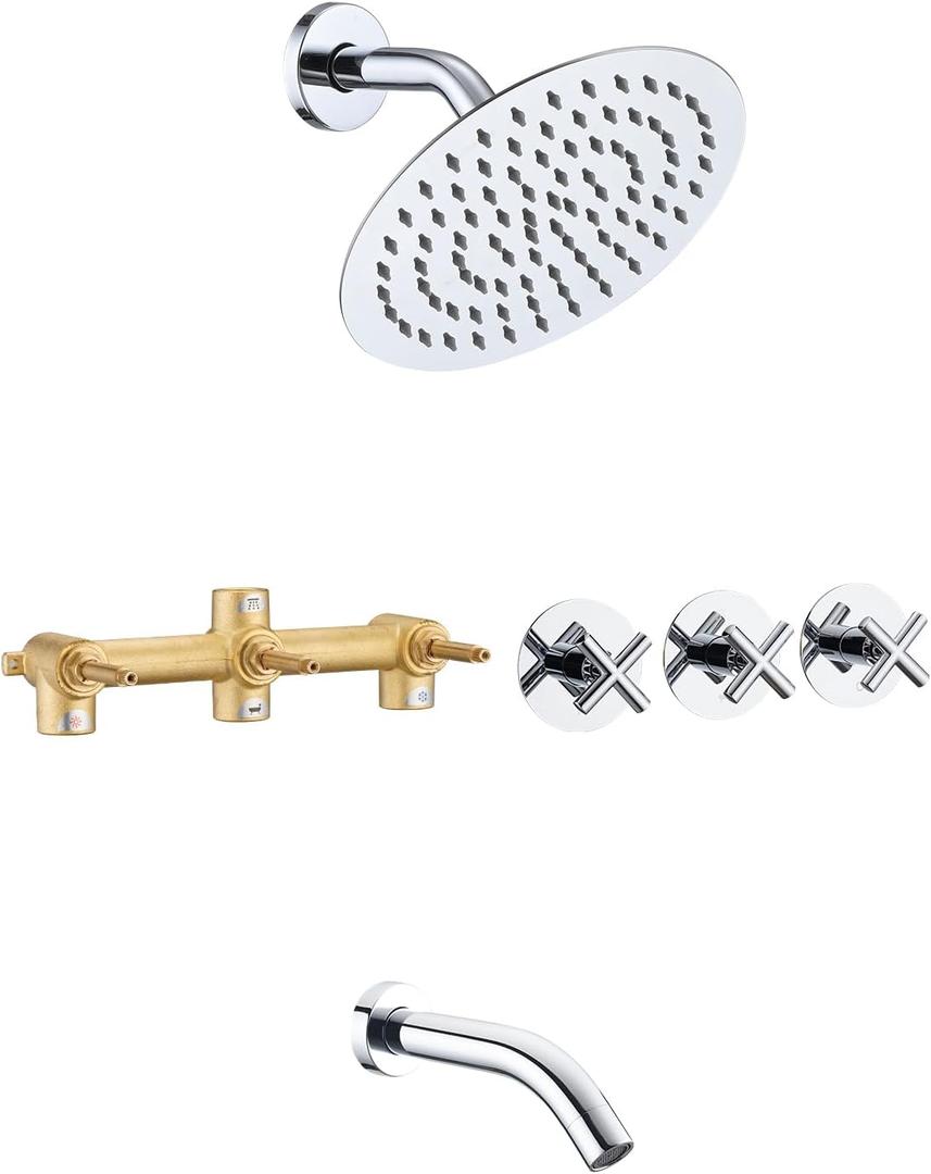 PROOX 3 Handle Tub Shower Faucet Set, 8" Rainfall Shower Head with Tub and Shower Trim Kit with Rough-in Valve, Polished Chrome Bathtub Shower Faucets, Wall Mounted Bathroom Rain Shower System
