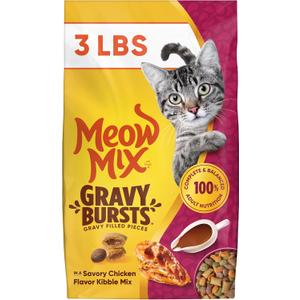 Meow Mix Gravy Bursts, Savory Chicken Flavor Mix, Gravy Filled Dry Cat Food, 3 lb. Bag (EXP 10/08/26)
