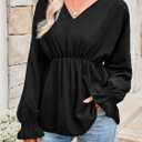 SweatyRocks Women's Bishop Long Sleeve V Neck Ruffled Chiffon Blouse Loose Babydoll Peplum Tops (S)
