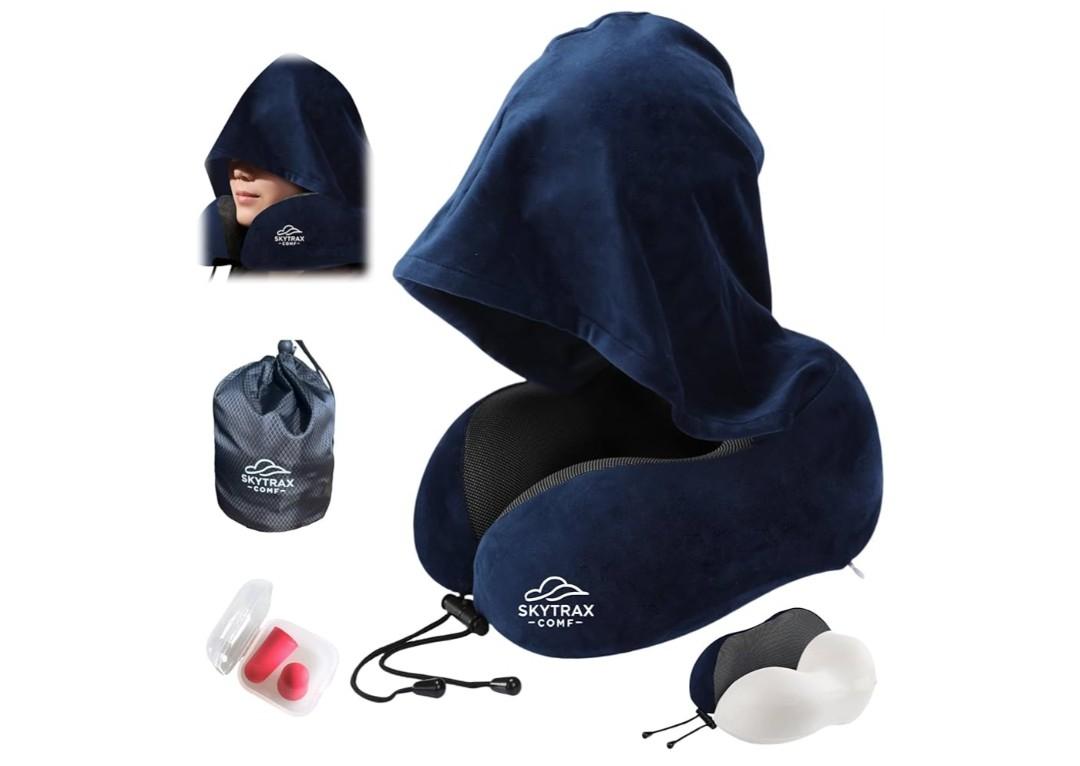 Travel Pillow with Extra Large Hood for Airplane Long Flights Privacy and Comfort Memory Foam with Velvet Cover for Road Trip Head&Neck Support for Plane Office Cars Sleeping & Rest (Navy Blue)