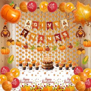 Thanksgiving Party Decorations Set,Foil Curtain Backdrop,Turkey Balloons, Tablecloth, Cake Toppers, Banner