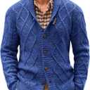 Runcati Mens Shawl Collar Cardigan Sweater Cable Knit Casual Button Down Twisted Fall Winter Sweaters, Blue