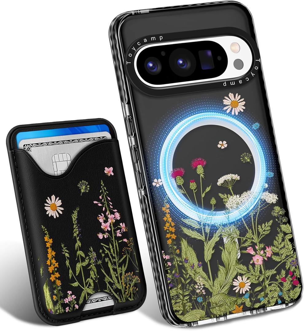 Toycamp for Pixel 9 Pro XL Case - Compatible with Magsafe Credit Card Holder Wallet Magnetic Cute Women Teen Girls Kawaii Girly Unique Flower Plants Design Phone Cover for Google 9 Pro XL