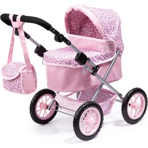 Bayer Trendy Baby Doll Pram Stroller with Accessories, Pink Animal Print, Adjustable Handle, Foldable Design, for Kids Ages 3+