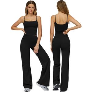 QBGJTD Womens Workout Sets Two Piece Spaghetti Straps Crop Top Matching Straight Leg Pants Gym Work Pilates Outfits (Black, M)