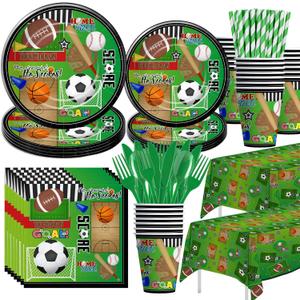 Xigejob Sports Theme Birthday Party Supplies Tableware, Sports Party Decorations, Plates, Cups, Napkins, Tablecloth, Cutlery, Straws, Soccer Basketball Baseball Football Theme Dinnerware | Serve 24