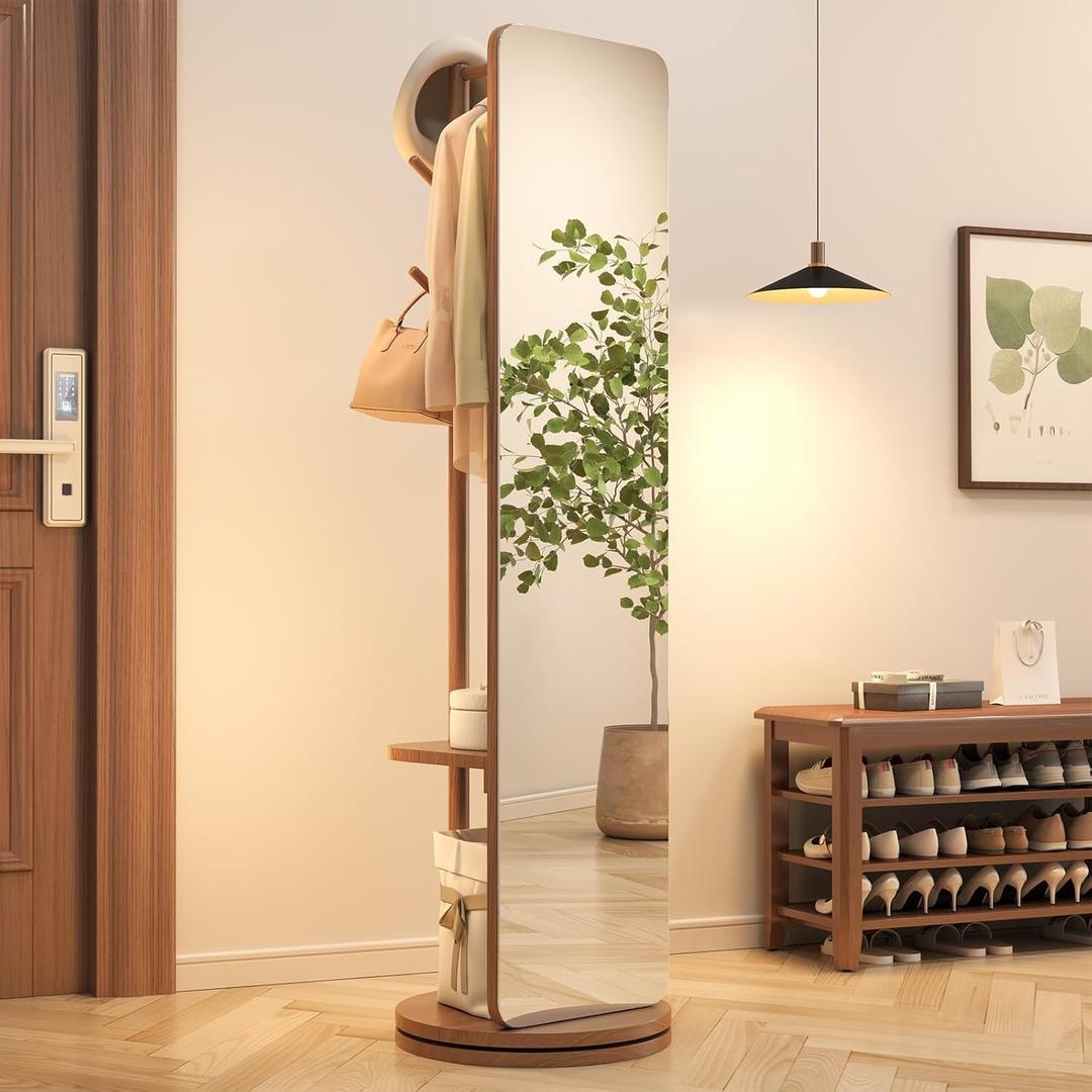 70"x19"Full Length Mirror with Stand,Coat Rack with Mirror,Solid Wood Floor Mirror,Swivel Mirrorfor Bedroom, Living Room, Cloakroom (Walnut)