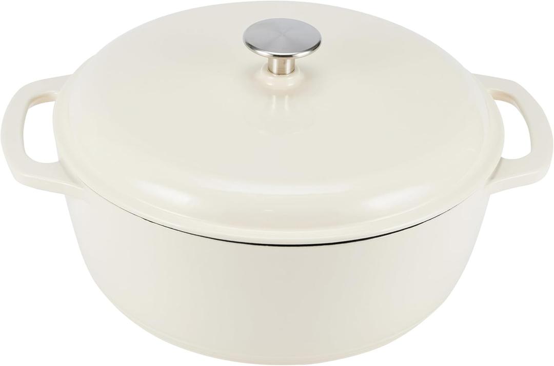Amazon Basics Enameled Cast Iron Dutch Oven Pot with Lid, Oven Safe, Heavy-Duty, Dual Handles for Baking, Roasting, Stews, Round, 6-Quart, White