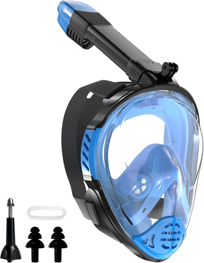 Snorkeling Gear for Adults, Full Face Snorkel Mask, Scuba Diving Mask with Detachable Camera Mount, 180 Degree Panoramic View Anti-Leak Anti-Fog (Small-Medium, Blue)