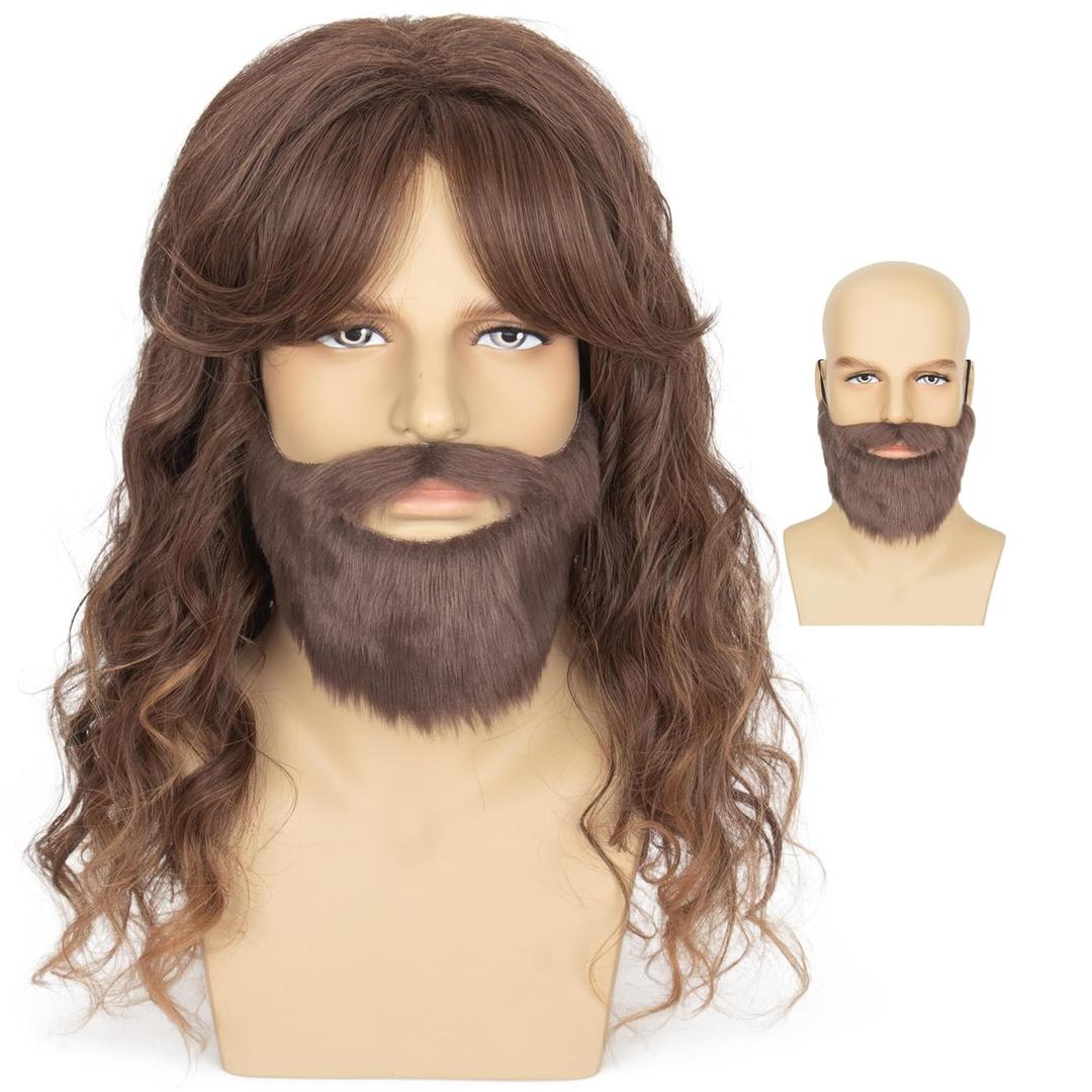 Miss U Hair Long Brown Wavy Wig with Brown Fake Beard Set 70s 80s Retro Rocker Hippie Costume Hair for Men