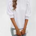 PRETTYGARDEN Womens Puff 3/4 Sleeve Tops 2025 Trendy Spring Summer Mock Neck Texture Knit T Shirts Work Casual Dressy Blouses (Small)