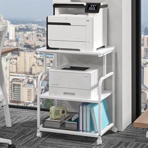3-Tier Large Printer Stand with Storage, Rolling Printer Cart with Lockable Wheels for Home, Office (White)