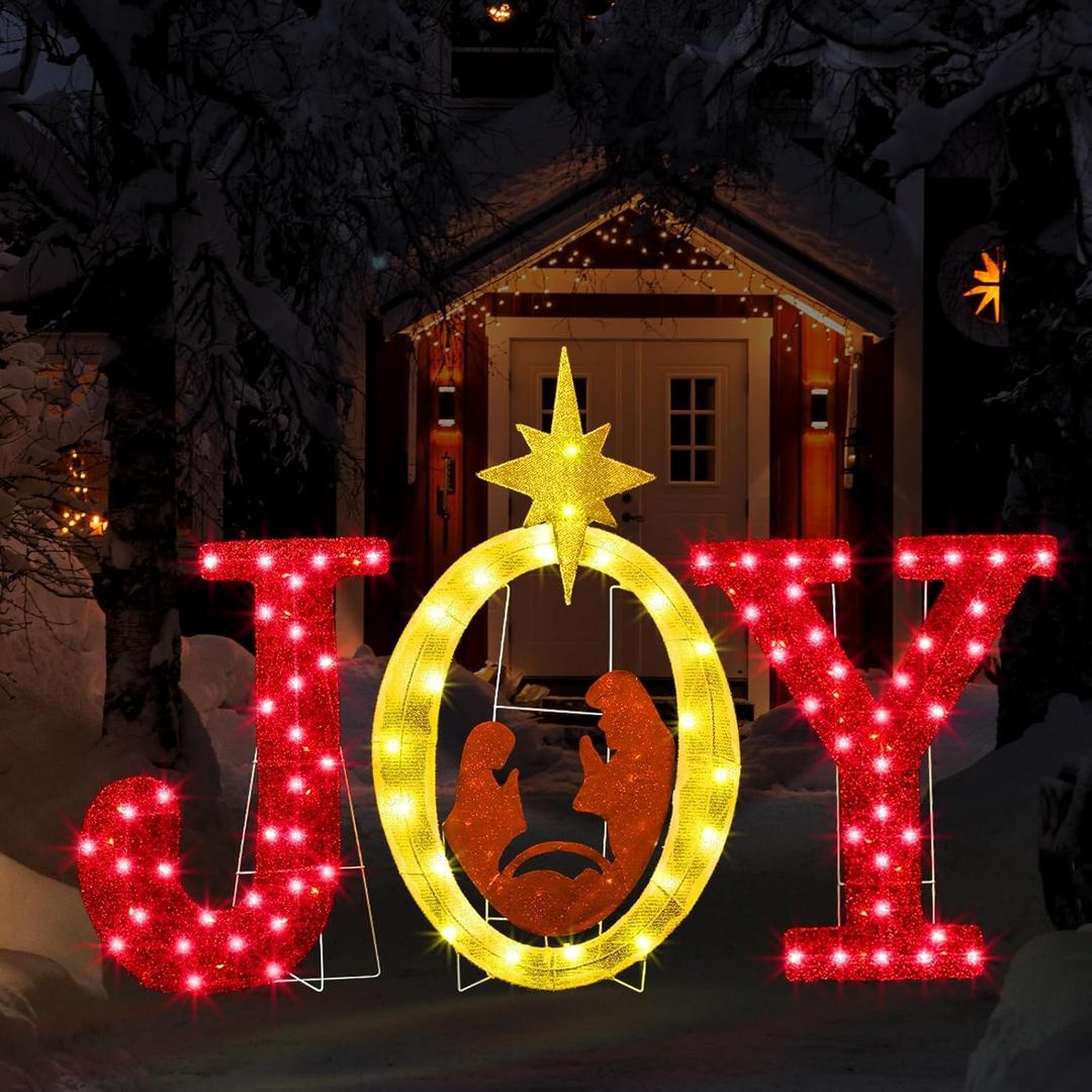 3 Pcs 35 Inch Outdoor Joy Christmas Nativity Scene Decorations w/ 110 LED Lights - Lighted Nativity Yard Sign for Xmas Outdoor Indoor Garden Lawn Holiday Decor (Red)