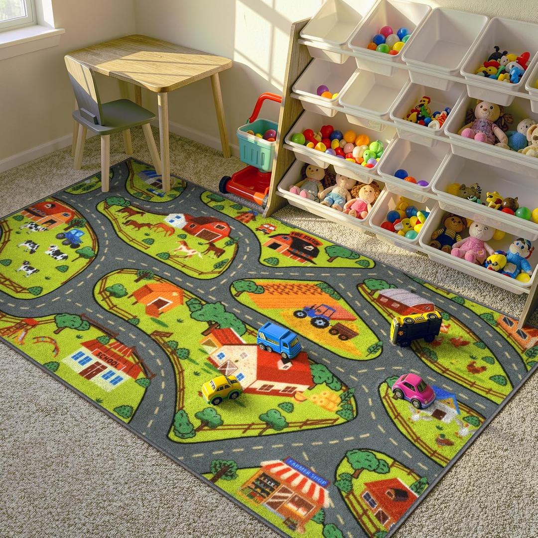 STARUIA Kids Car Rug for Playroom, 60" x 32" Washable Boys Baby Car Carpet for Kids Have Fun Safely, Educational Farm Road Play Rug Race Track Car Rugs Play Mat for Kid Room Bedroom Nursery