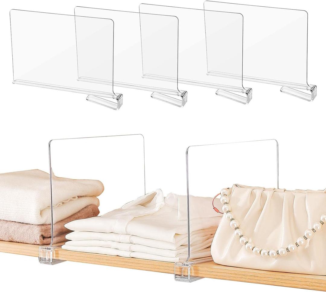 Acrylic Shelf Dividers,4 Pcs Closets Shelf Organizer for Clothing Handbags Books in Pantry, Bedroom and Kitchen, Adjustable Clear Closet Separator Wood Shelves Organize(11.1x8.1) (4 pack-M)