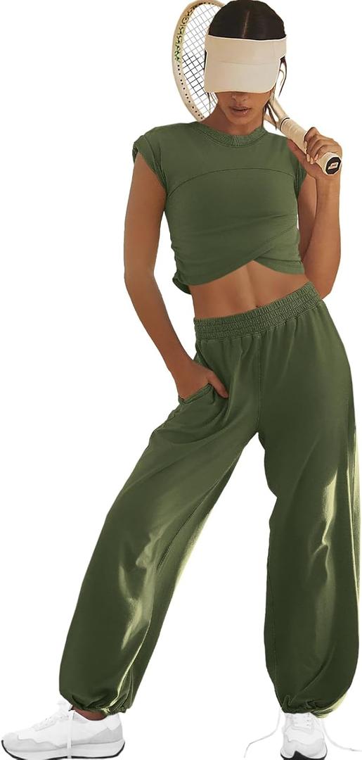 LAMISSCHE Womens Loungewear Set 2 Piece Outfits Sets Cropped Tops and Wide Leg Pants with Pockets Tracksuit (Medium, Army Green)