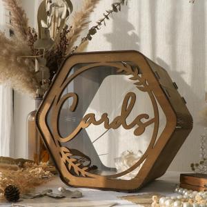 OurWarm Wedding Card Box with Acrylic Window, Rustic Brown Hexagon Gift Card Box for Wedding Decorations for Reception, Wooden Money Keepsake Envelopes Box for Wedding Decor Birthday Baby Shower Party