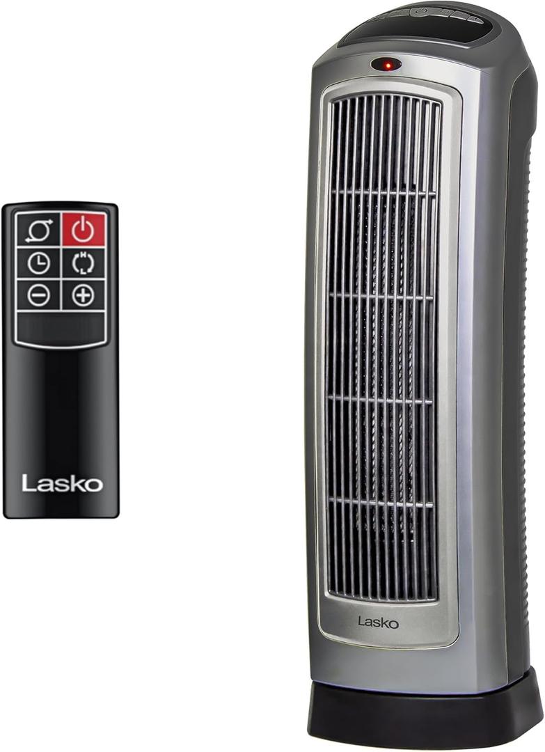 Lasko Oscillating Digital Ceramic Tower Heater for Home with Adjustable Thermostat, Timer and Remote Control, 23 Inches, 1500W, Silver, 755320
